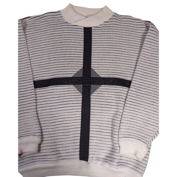 Vtg 90s Mr Rodia Striped Cross Sweater Black & White Size Large - Grunge… - Picture 2 of 5